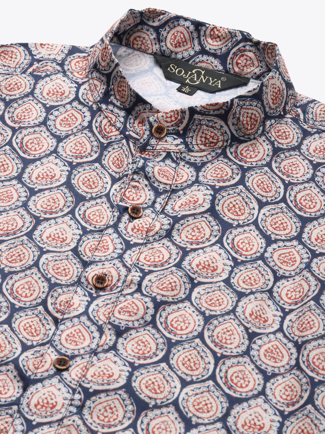 SOJANYA Men Navy Blue & Beige Ethnic Motifs Printed Pure Cotton Kurta