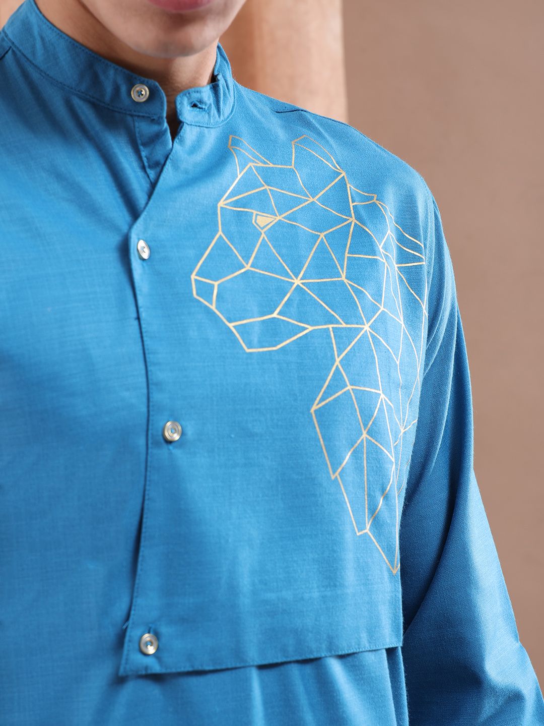 The Indian Garage Co Men Teal Blue Solid Angrakha Kurta with Printed Detail