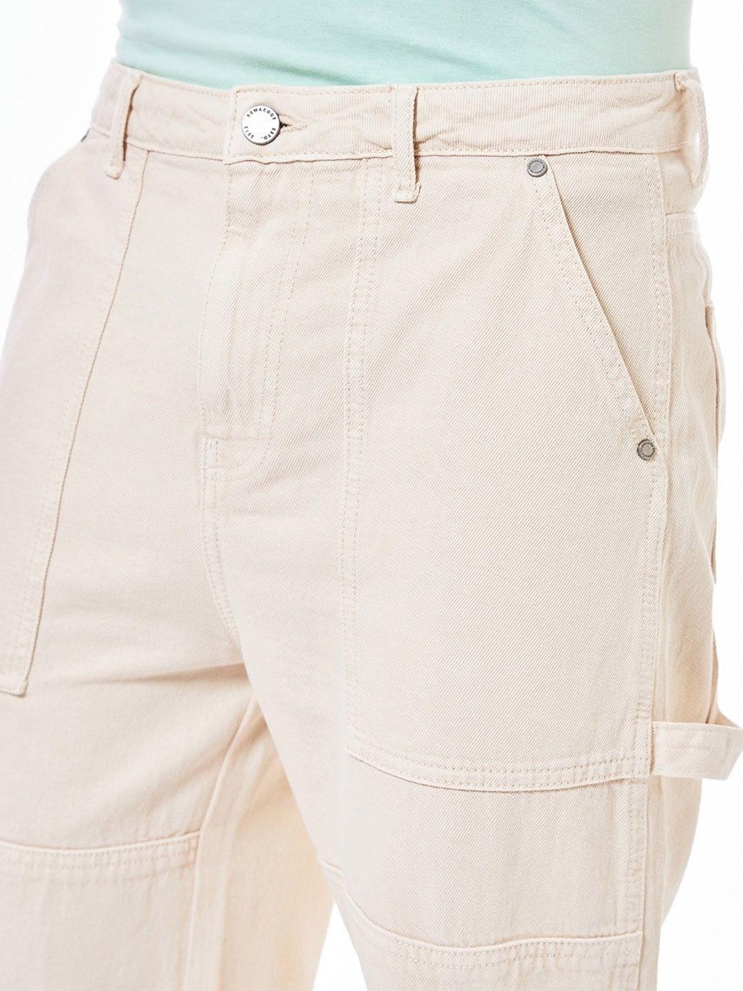 Bewakoof Men's Beige Baggy Cargo Carpenter Mid-Rise Jeans