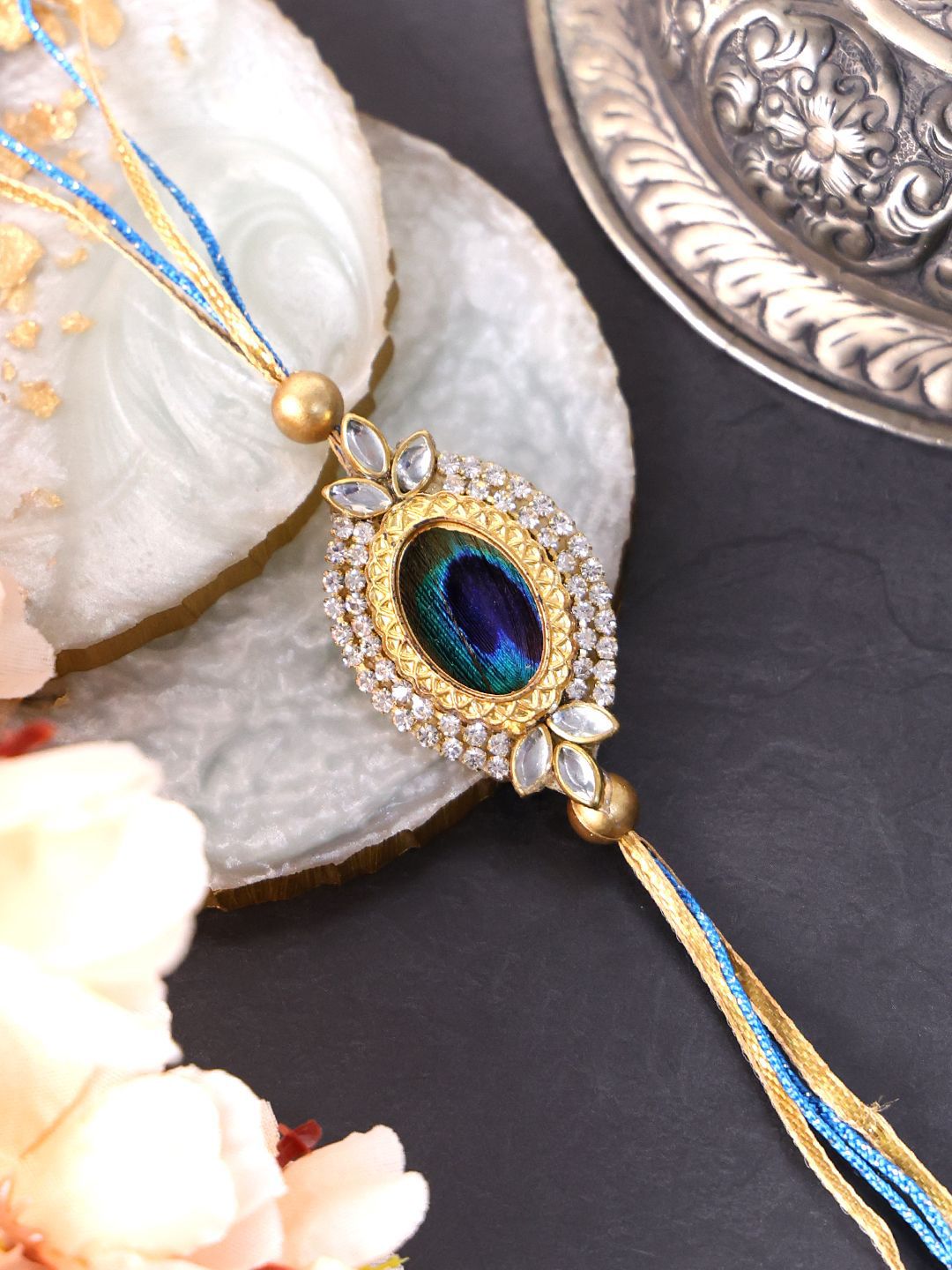 PANASH Gold Plated Beaded & Stone Studded Rakhis With Roli Chawal