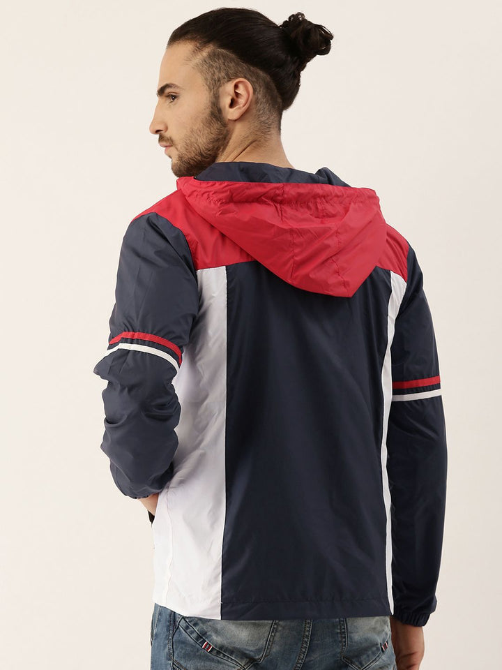 Campus Sutra Men Navy Blue & Red Colourblocked Windcheater Outdoor Biker Jacket