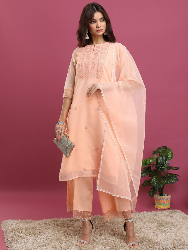Vishudh Peach-Coloured Ethnic Motifs Yoke Design Thread Work Kurta With Palazzos & Dupatta