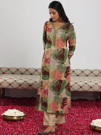 Libas Grren and Pink Floral Printed Beads and Stones Linen Kurta with Trouser & Dupatta
