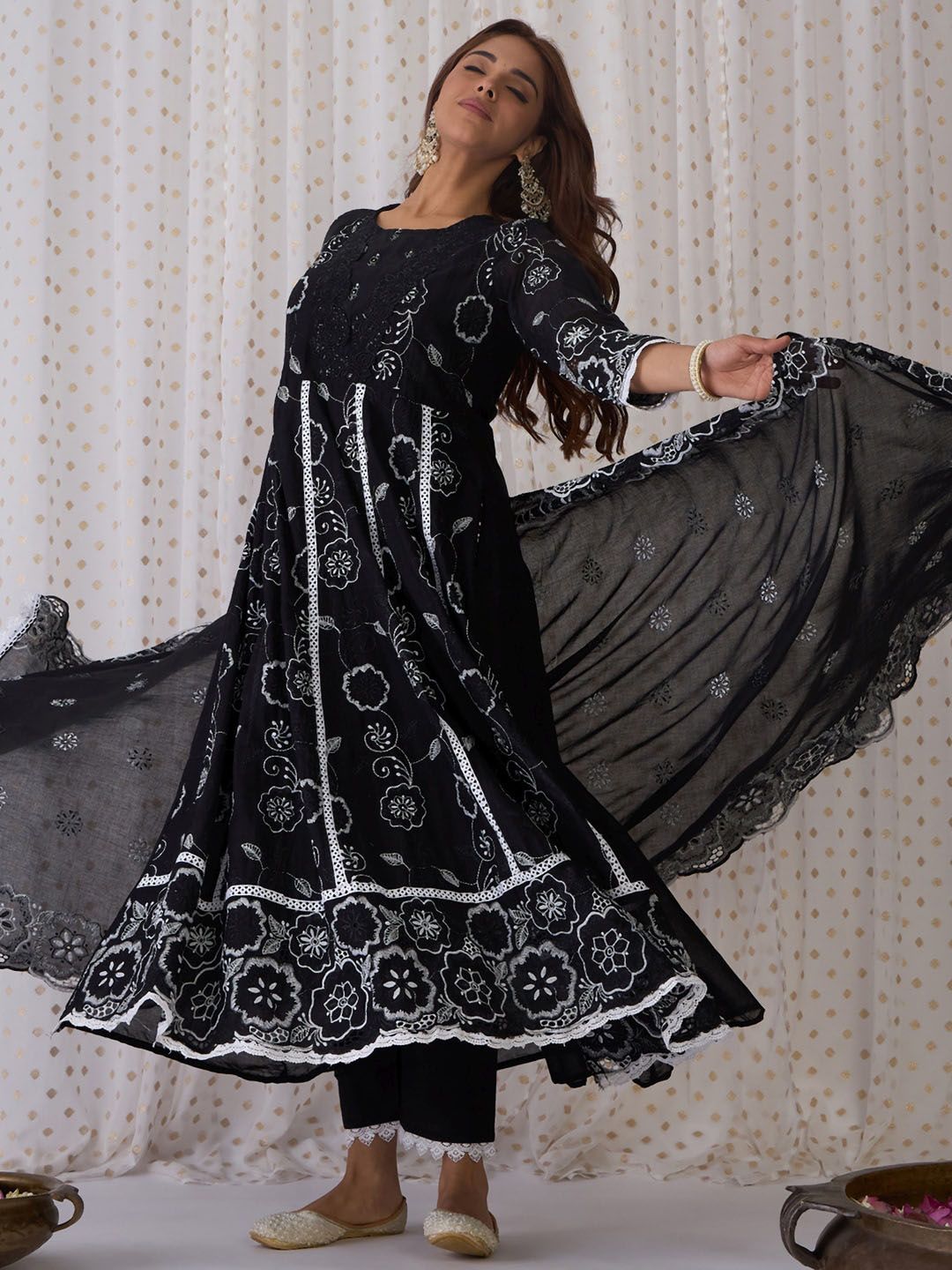 Indo Era Floral Embroidered Panelled Pure Cotton A-Line Kurta With Trouser & Dupatta