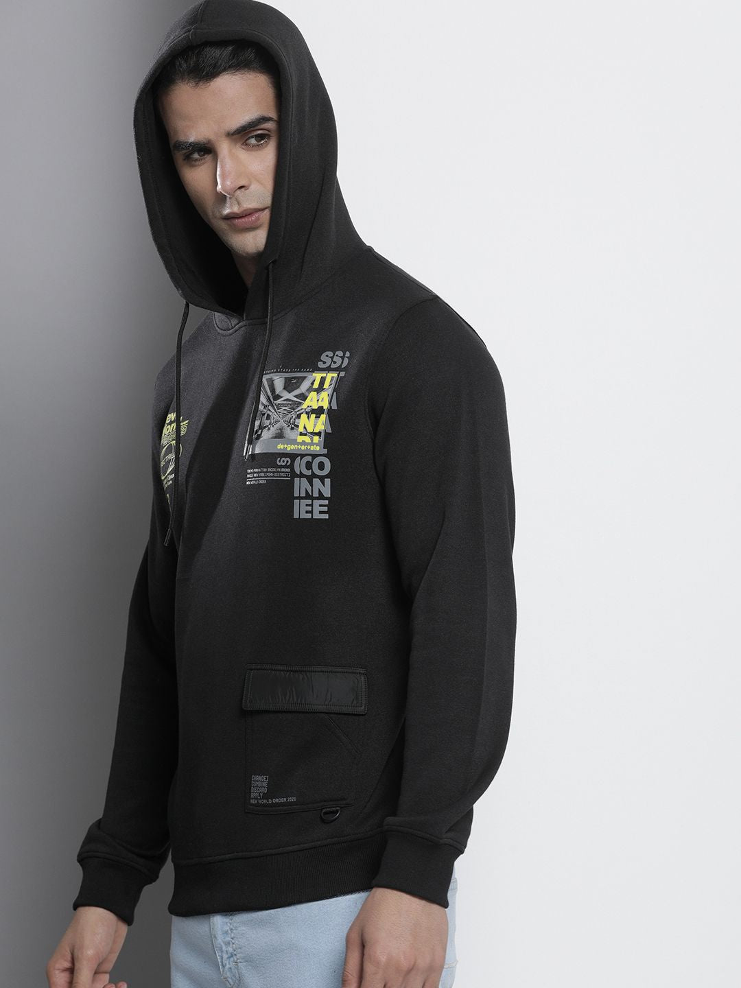 The Indian Garage Co Men Black Printed Hooded Sweatshirt