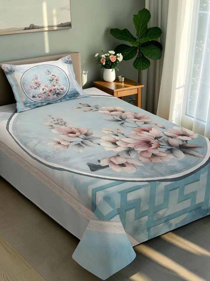 Moda Rapido X KLOTTHE Blue & Pink Floral 400 TC Single Bedsheet with 1 Pillow Covers