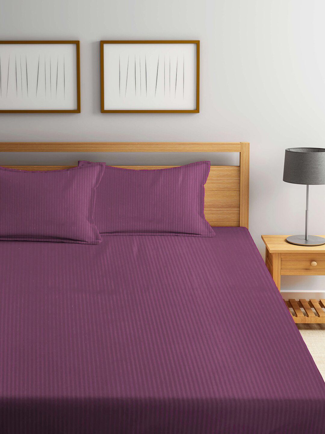 KLOTTHE Magenta Striped 300 TC King Bedsheet with 2 Pillow Covers