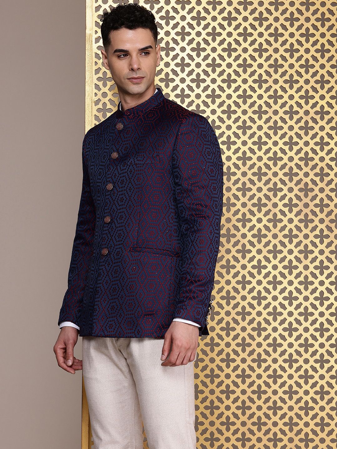 House of Pataudi Geometric Self Design Jashn Ethnic Mandarin Collar Blazer