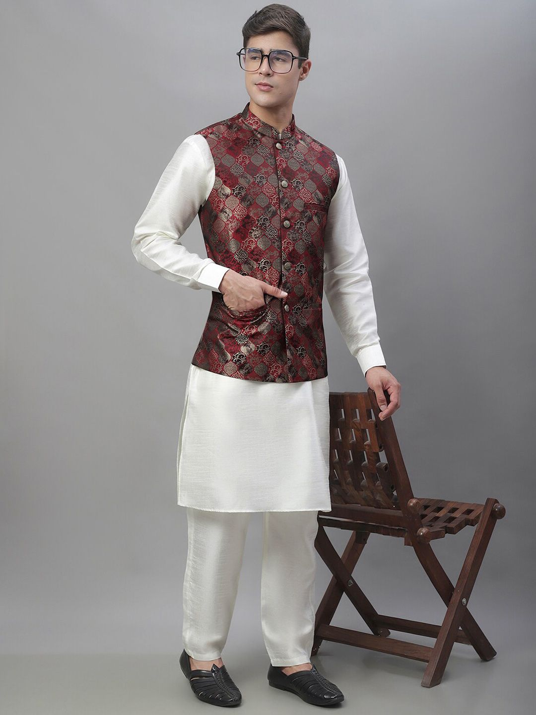 Anouk Men Maroon Woven Design Nehru Jacket