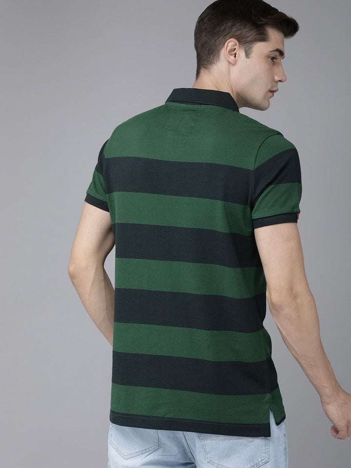 THE BEAR HOUSE Men Navy Blue  Green Striped Polo Collar Slim Fit Pure Cotton T-shirt