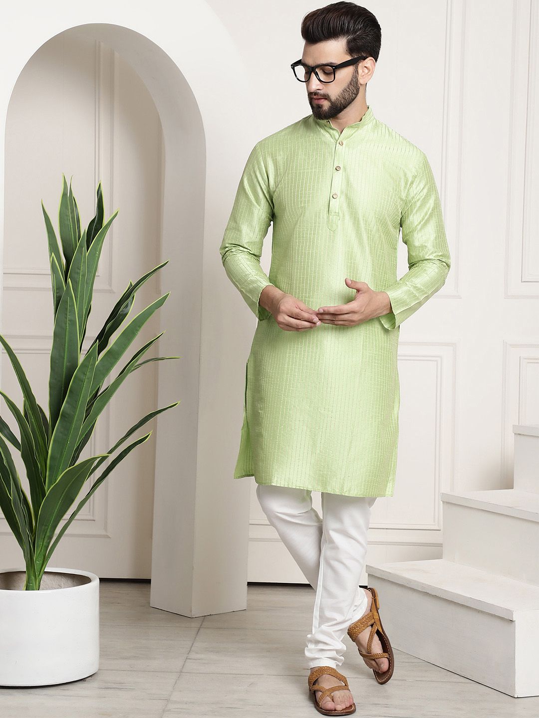 SOJANYA Striped Band Collar Long Sleeves Straight Kurta