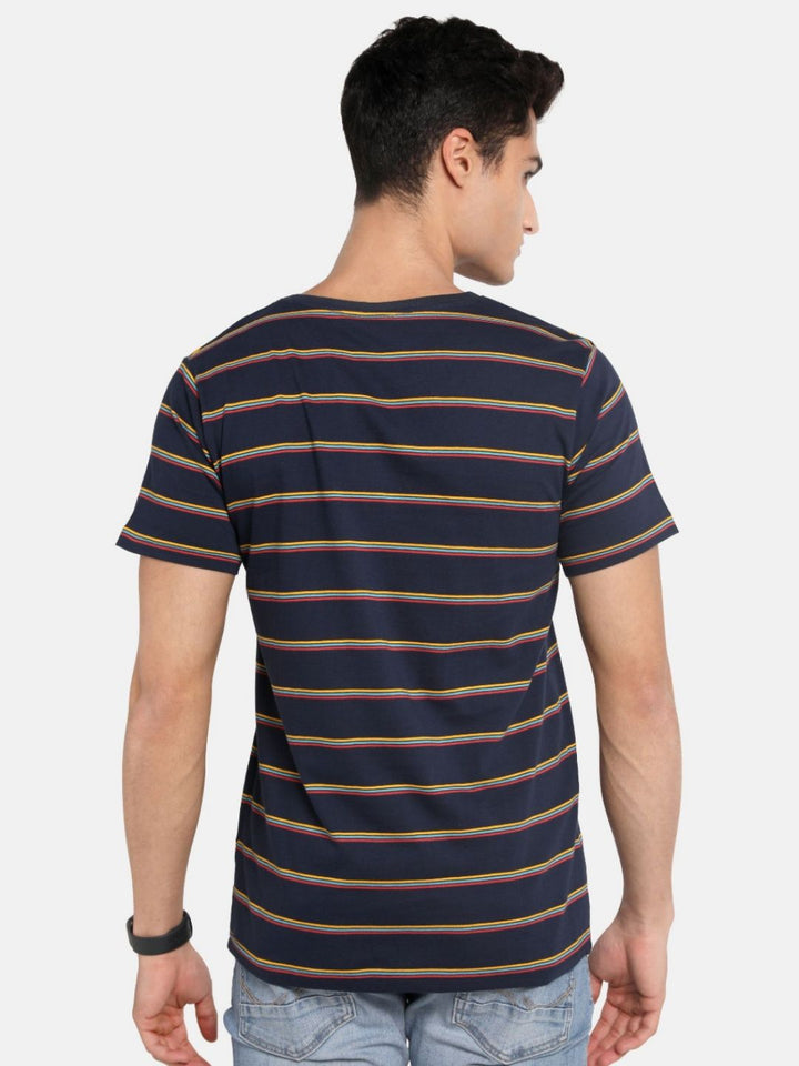 ADRO Lelaki Berjalur Leher Bulat T-shirt Kapas
