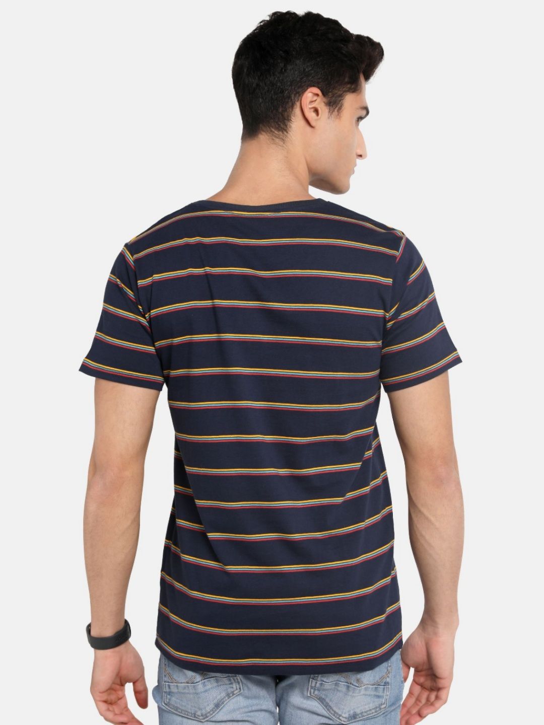 ADRO Lelaki Berjalur Leher Bulat T-shirt Kapas