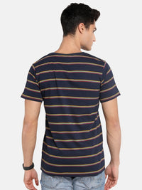 ADRO Lelaki Berjalur Leher Bulat T-shirt Kapas