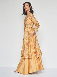 Global Desi Floral Printed Thread Work Kurta With Skirt
