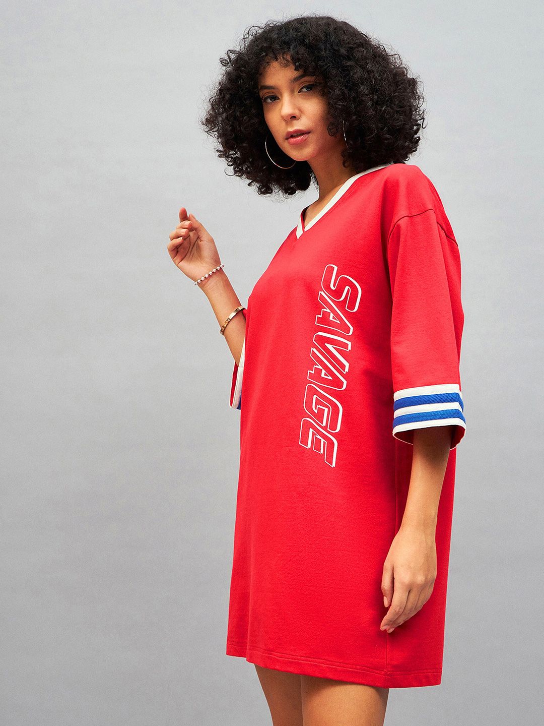 SASSAFRAS Red Typography Printed Cotton T-shirt Mini Dress