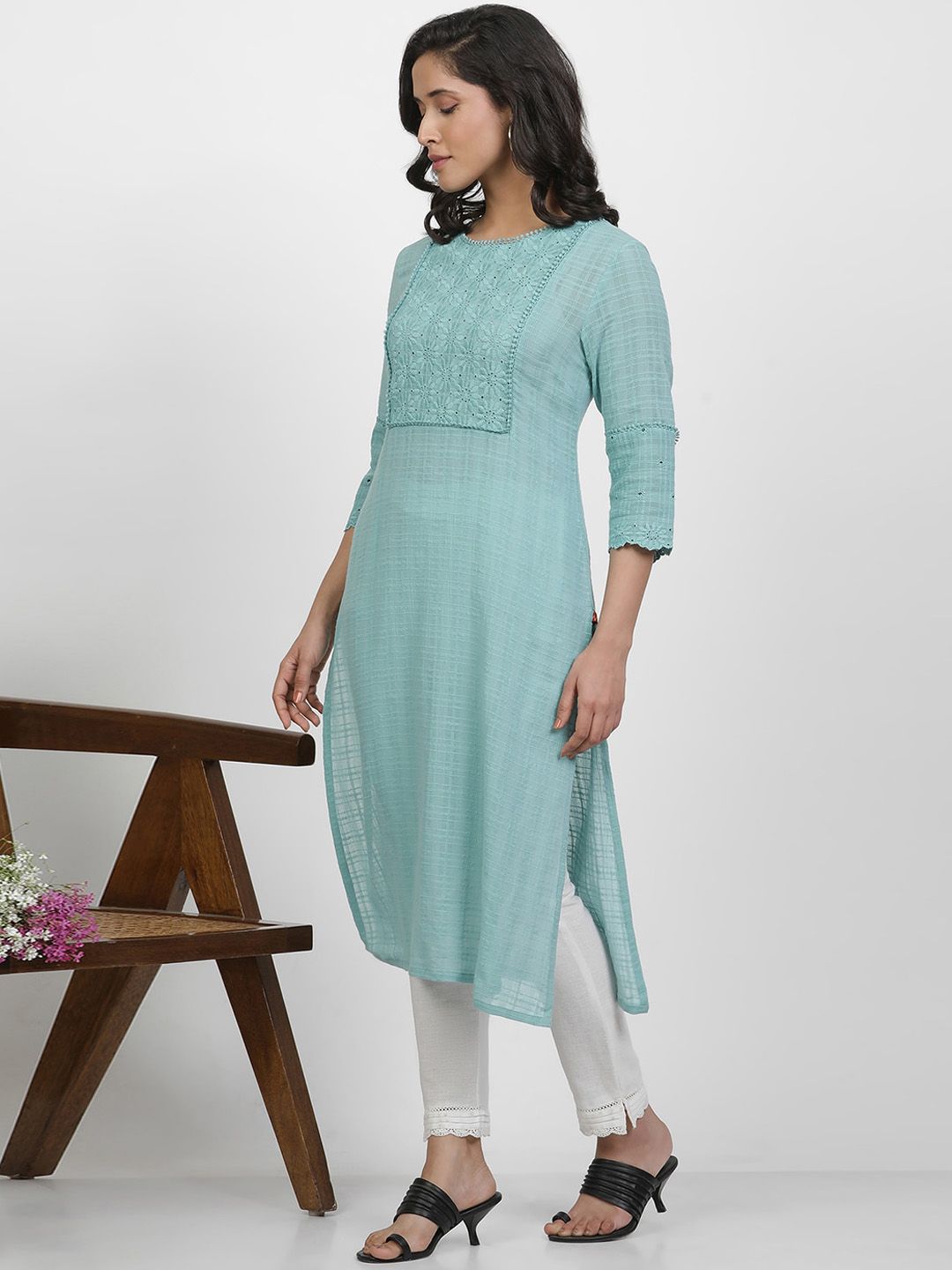 W Women Checked Straight Pure Cotton Kurta