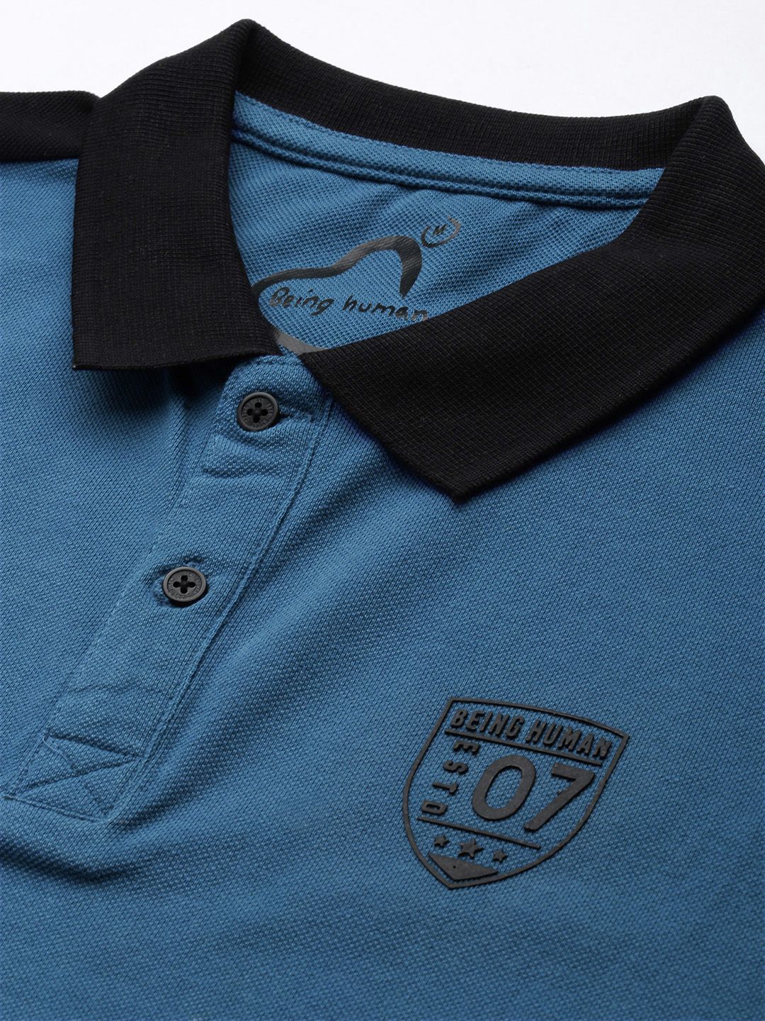 Menjadi Lelaki Manusia Biru & Black Colourblocked Polo Collar Slim Fit Cotton Caston T-shirt Kasual