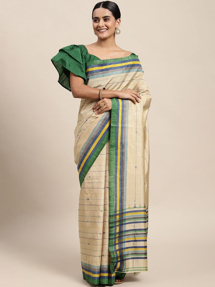 Saree mall Beige & Green Striped Art Silk Block Print Saree