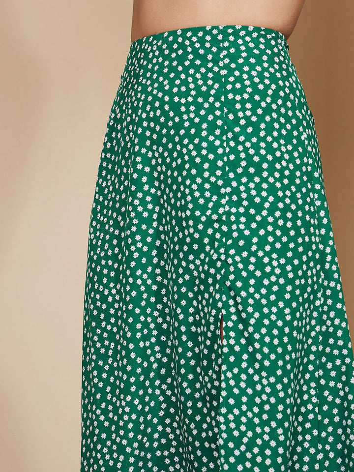 Berrylush Women Green Floral Printed High Rise Front Slit Midi Skirt
