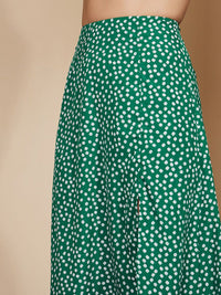 Berrylush Women Green Floral Printed High Rise Front Slit Midi Skirt