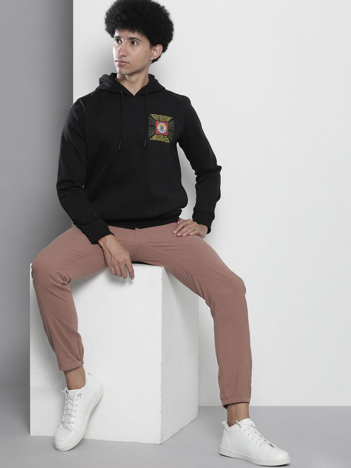 The Indian Garage Co Men Black Back Print Hooded Sweatshirt
