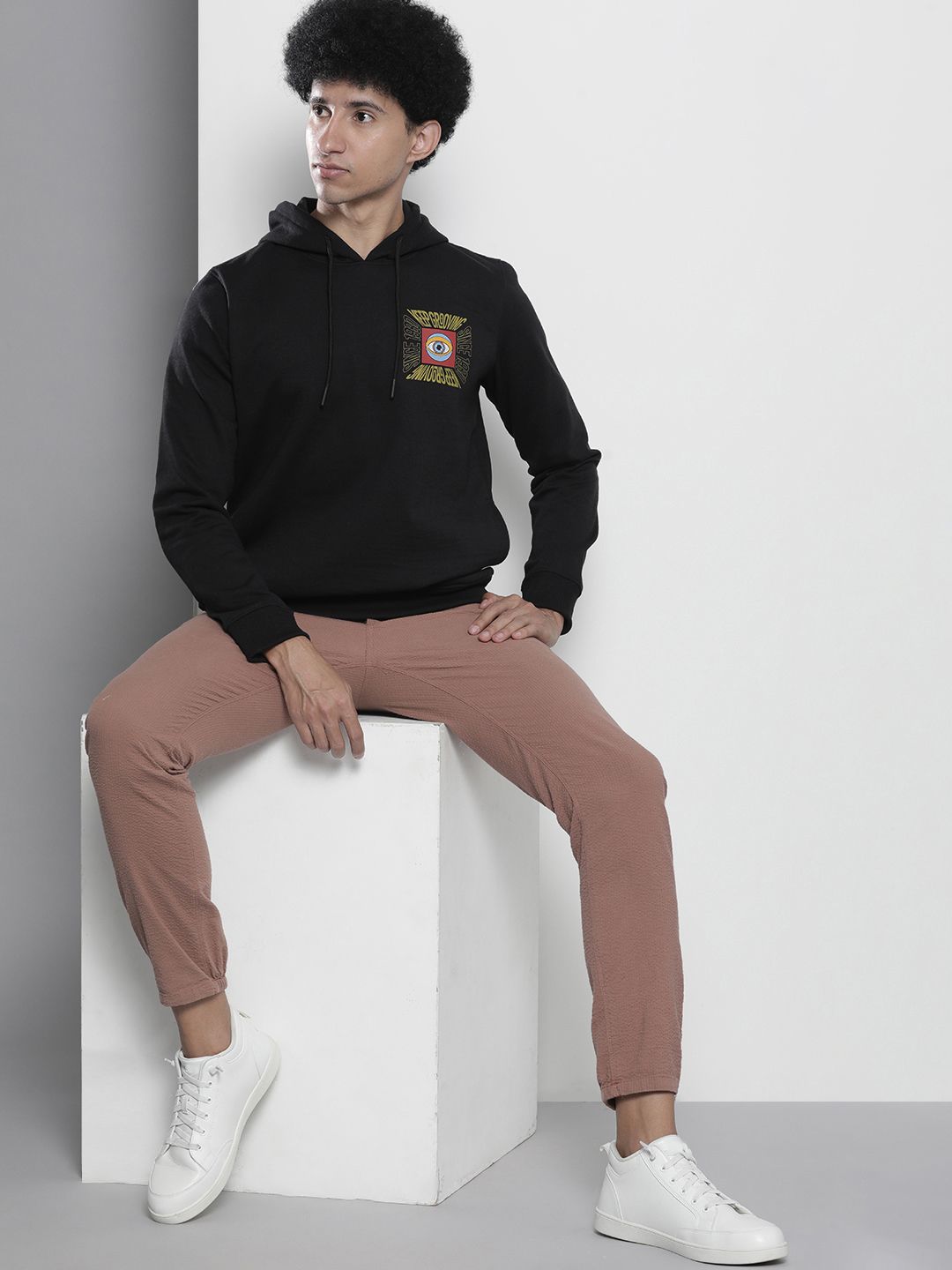 The Indian Garage Co Men Black Back Print Hooded Sweatshirt