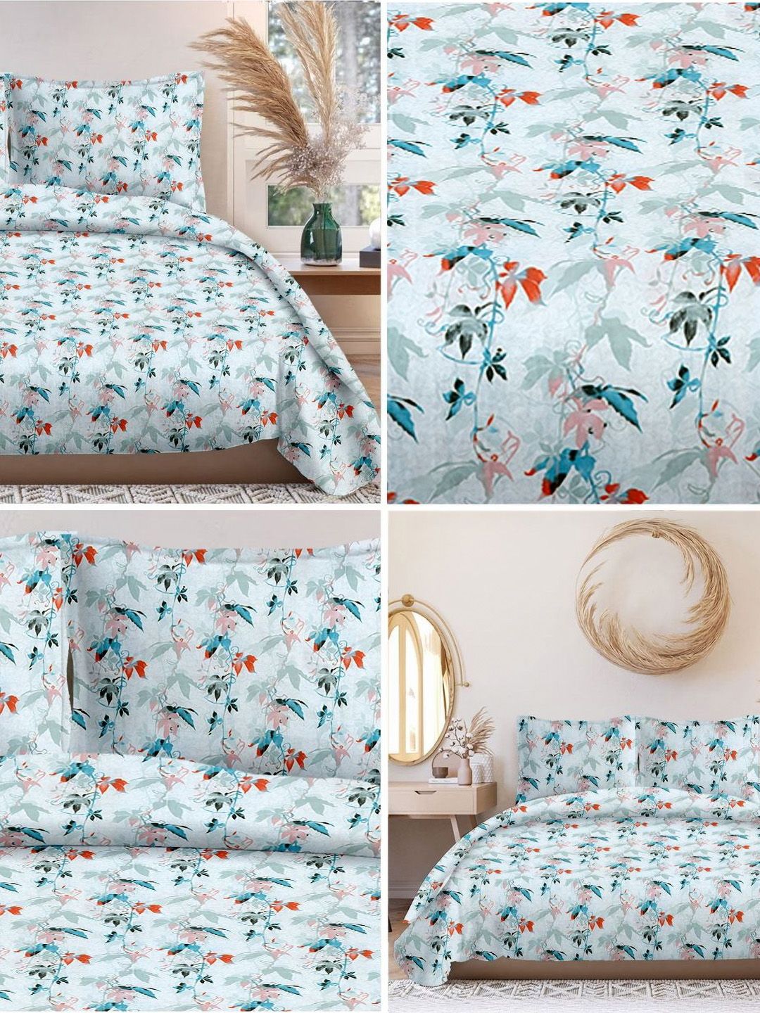 Cortina Glazed Cotton Blue Floral 140 TC King Bedsheet with 2 Pillow Covers