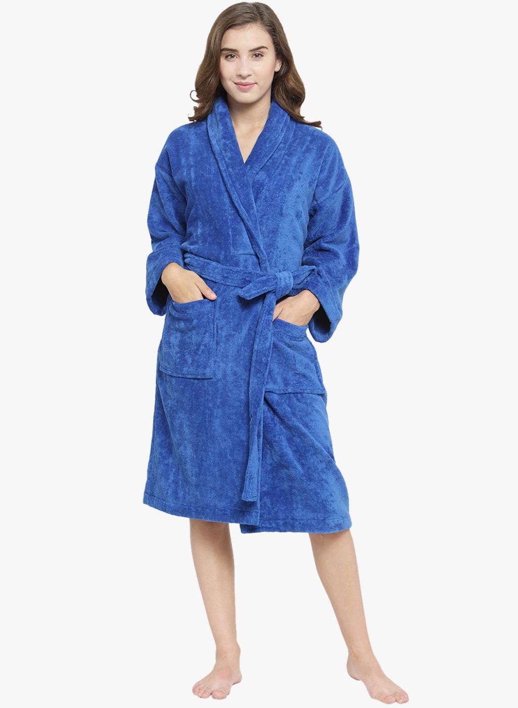 Women Navy Blue Solid Bath Robe