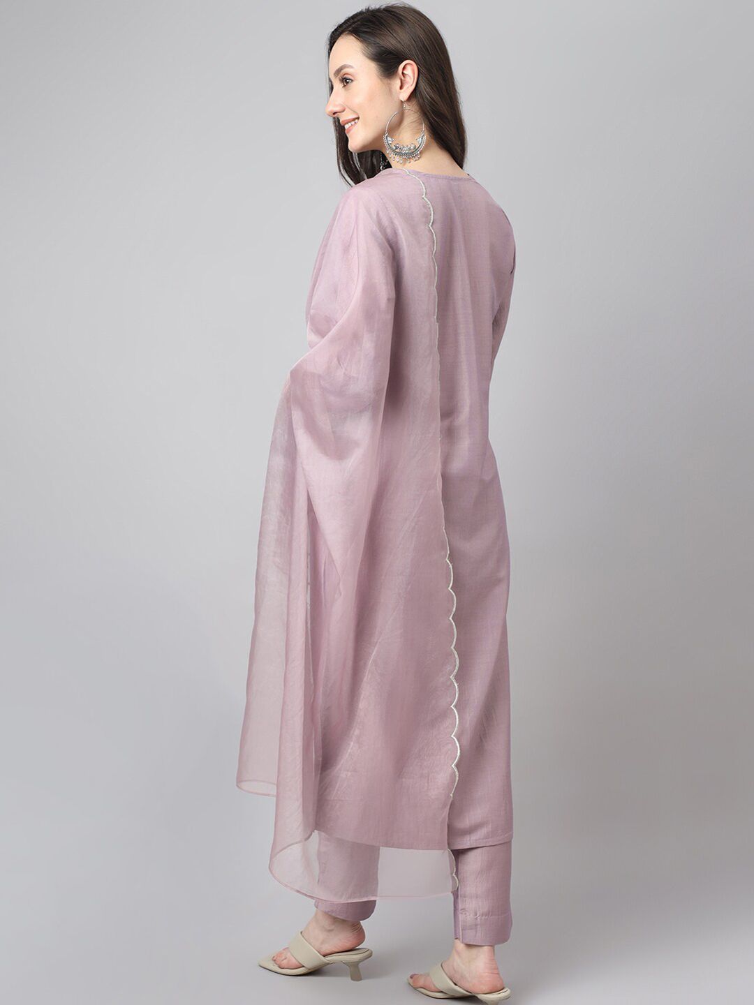 Janasya Women's Lavender Silk Blend Embellished Kurta with Pant and Dupatta