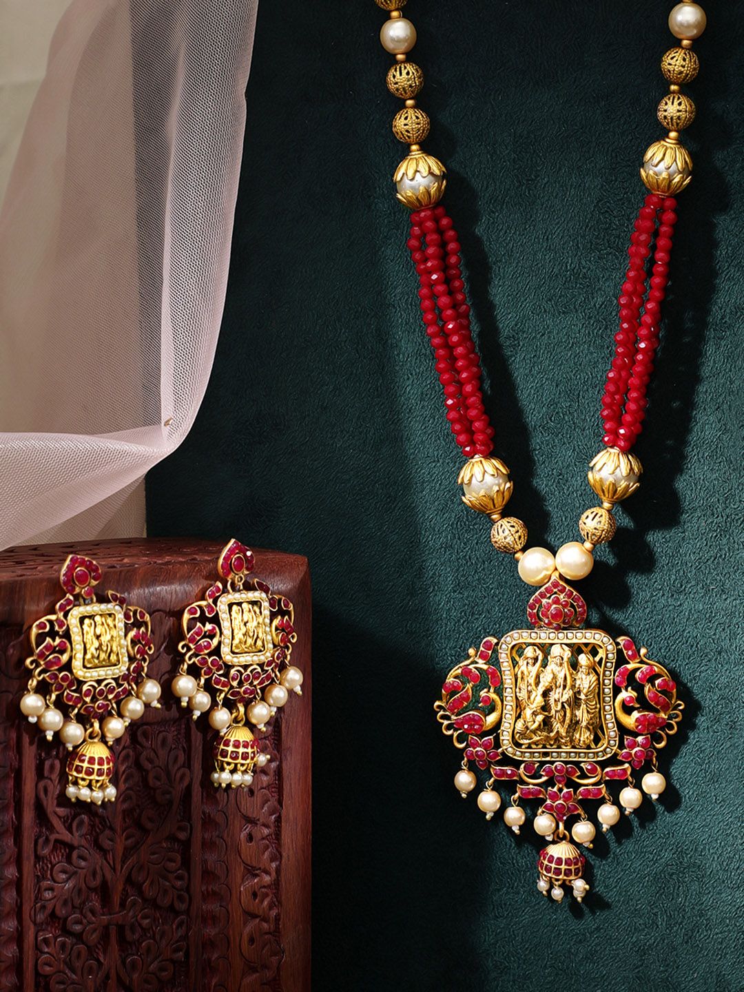 Rubans Gold-Plated & Red Stone-Studded & Pearl Beaded Handcrafted Jewellery Set