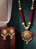 Rubans Gold-Plated & Red Stone-Studded & Pearl Beaded Handcrafted Jewellery Set