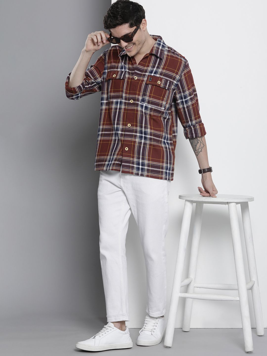 The Indian Garage Co Men Tartan Checked Cotton Casual Shirt