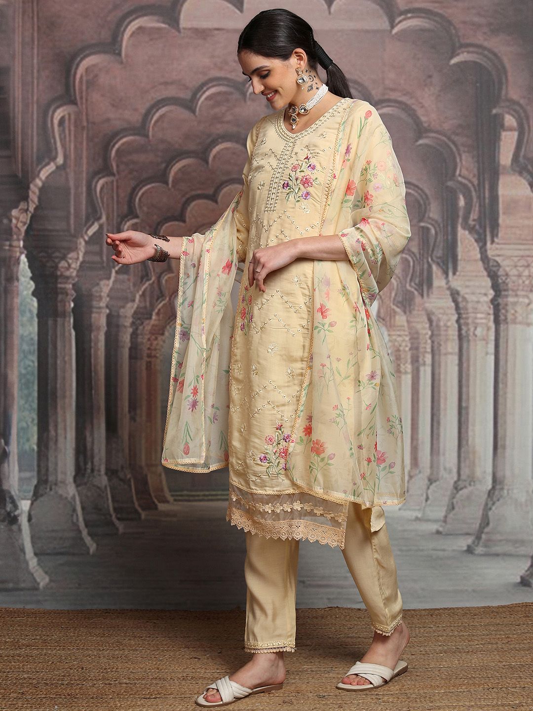 Vishudh Yellow Floral Embroidered Mirror Work Straight Kurta With Trousers & Dupatta