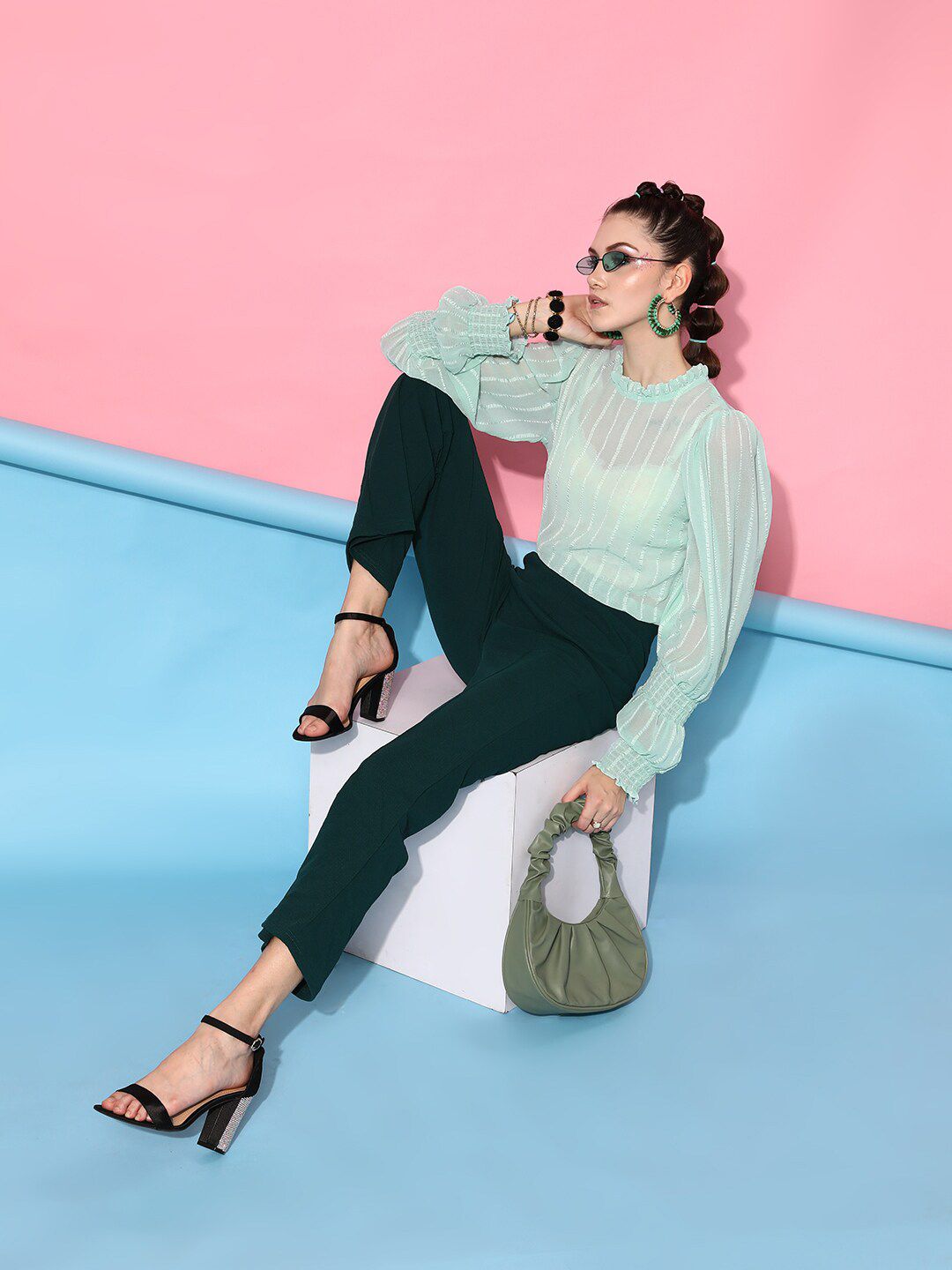 STREET 9 Turquoise Blue Striped Georgette Blouson Top