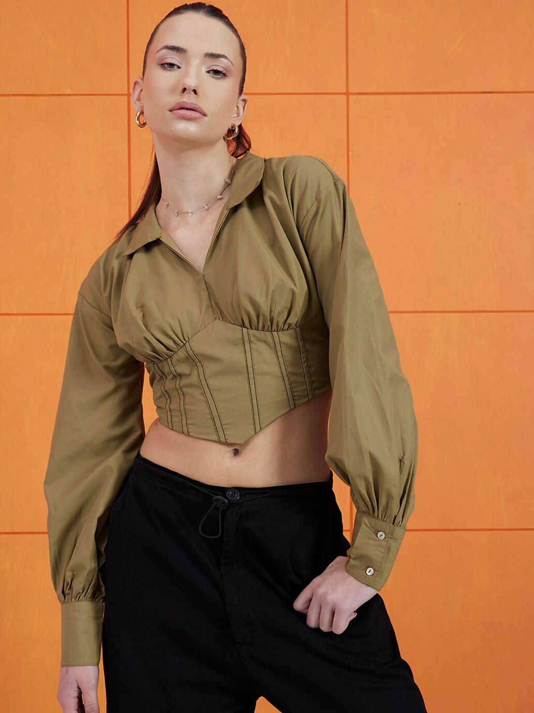 STREET 9 Green Shirt Collar Cuffed Sleeves Pure Cotton Crop Empire Top