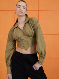 STREET 9 Green Shirt Collar Cuffed Sleeves Pure Cotton Crop Empire Top