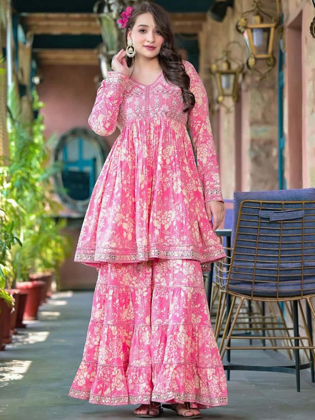 Varanga Floral Printed Mirror Work Anarkali Kurta With Sharara & Dupatta
