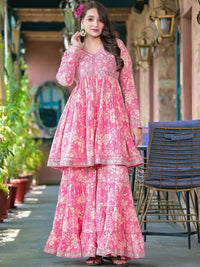 Varanga Floral Printed Mirror Work Anarkali Kurta With Sharara & Dupatta