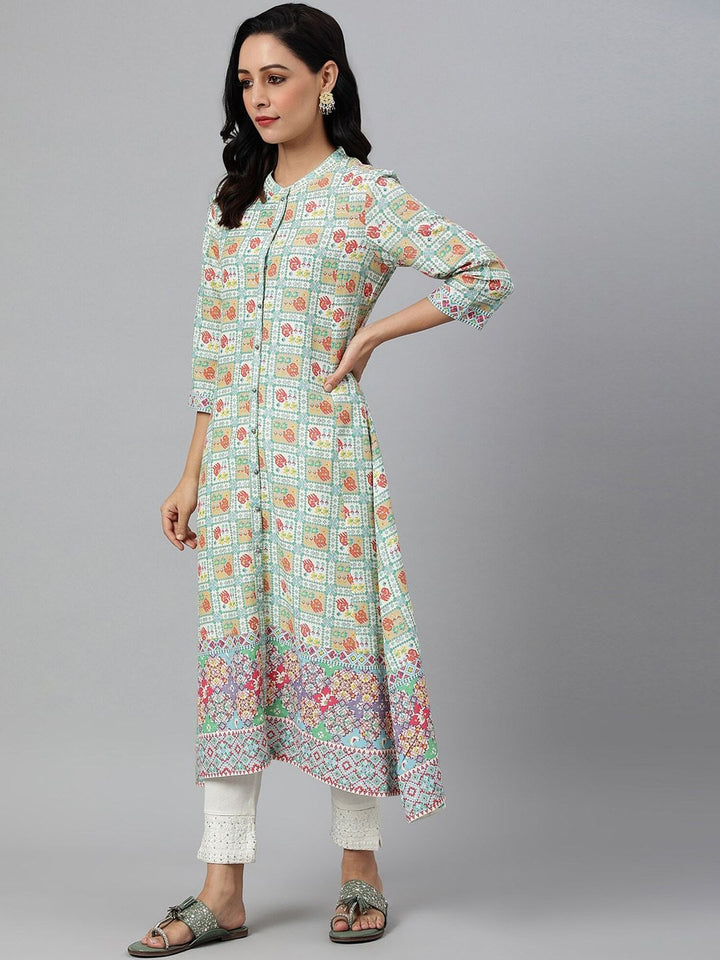 W Women Sea Green & White Ethnic Motifs Printed Kurta