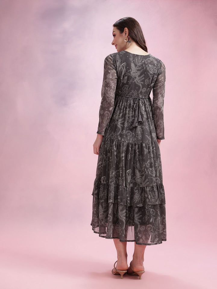 DressBerry Printed Ruffled A-Line Tiered Midi Dress