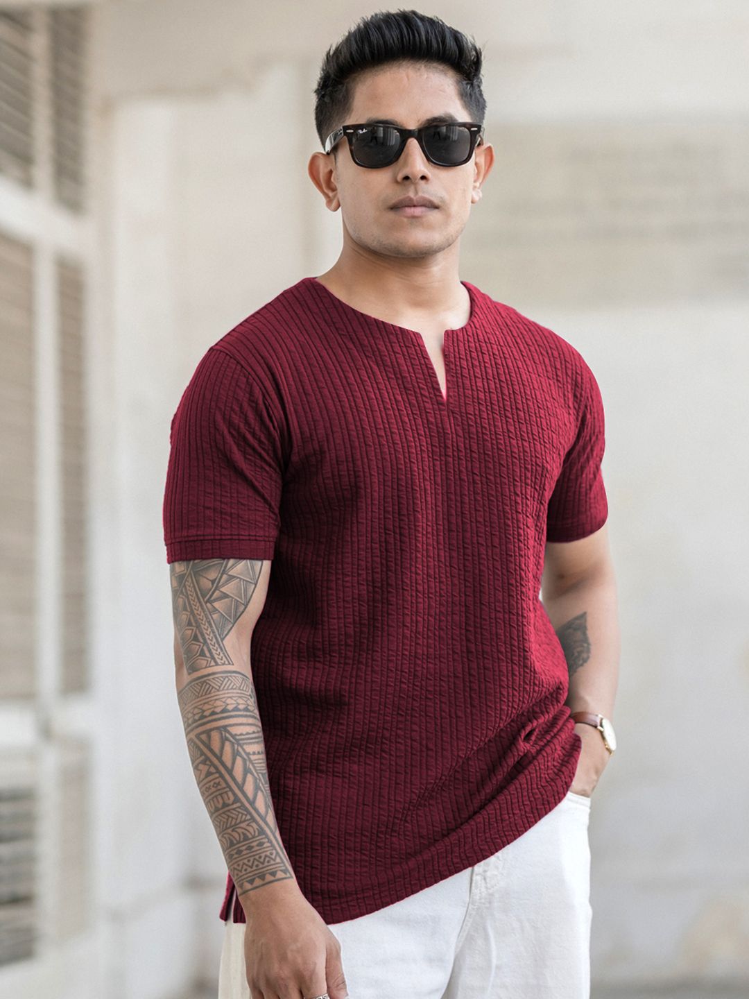 Powerlook Men Regular Fit Self Design Round Neck T-shirt