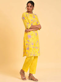 W Yellow & Purple Floral Printed Pure Cotton Kurta With Trousers