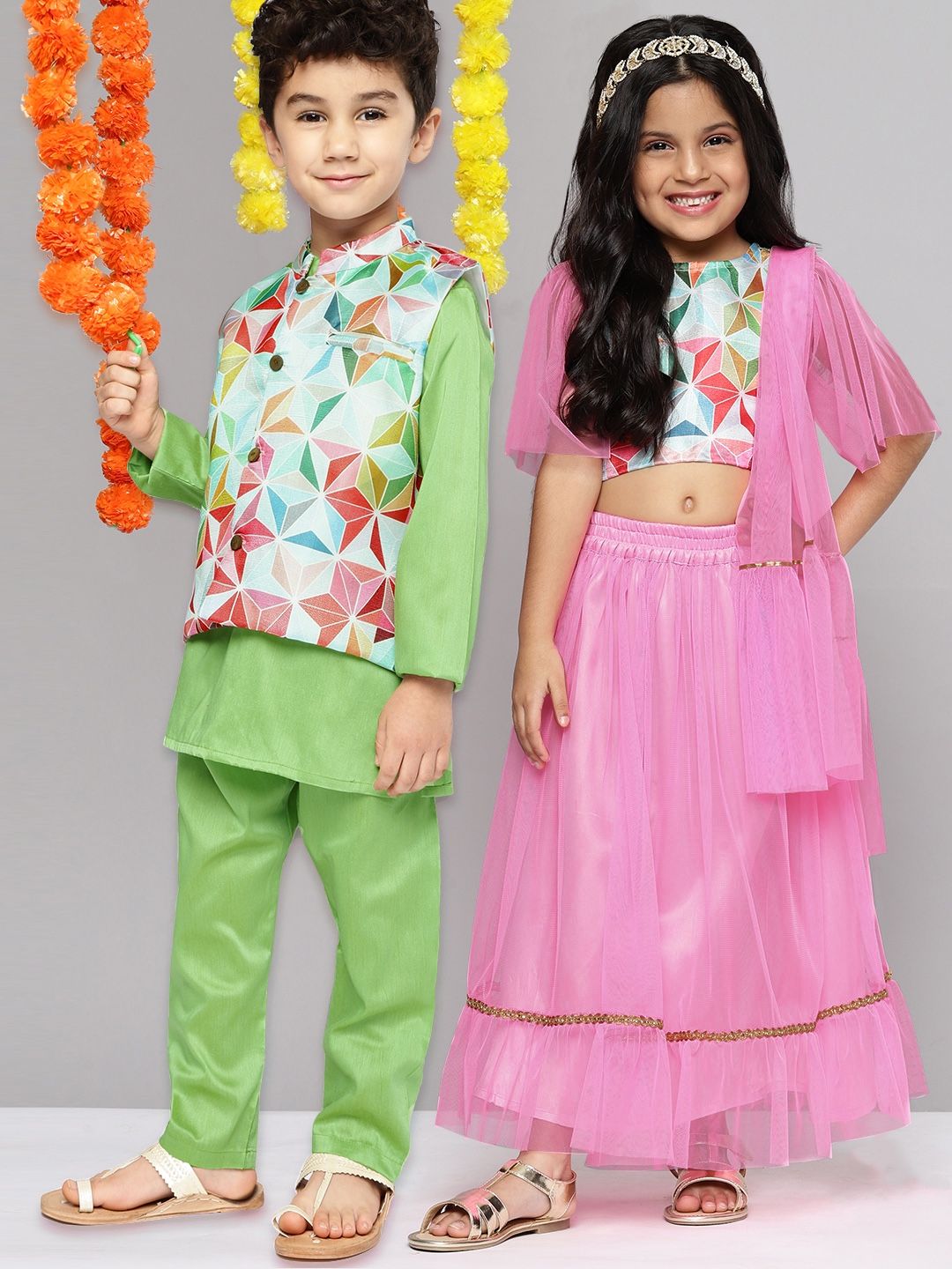 YK Girls Pink Printed Sibling Collection Ready to Wear Lehenga & Blouse With Dupatta