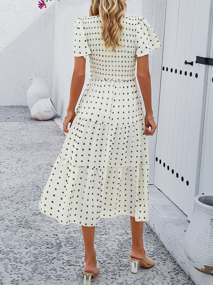 all about you Floral Print V-Neck Flared Sleeves Smocked Tiered Fit & Flare Midi Dress