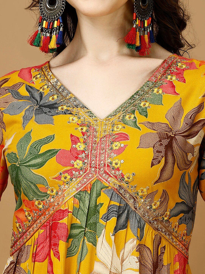 KALINI Floral Printed Empire Thread Work Kurta with Trousers & With Dupatta