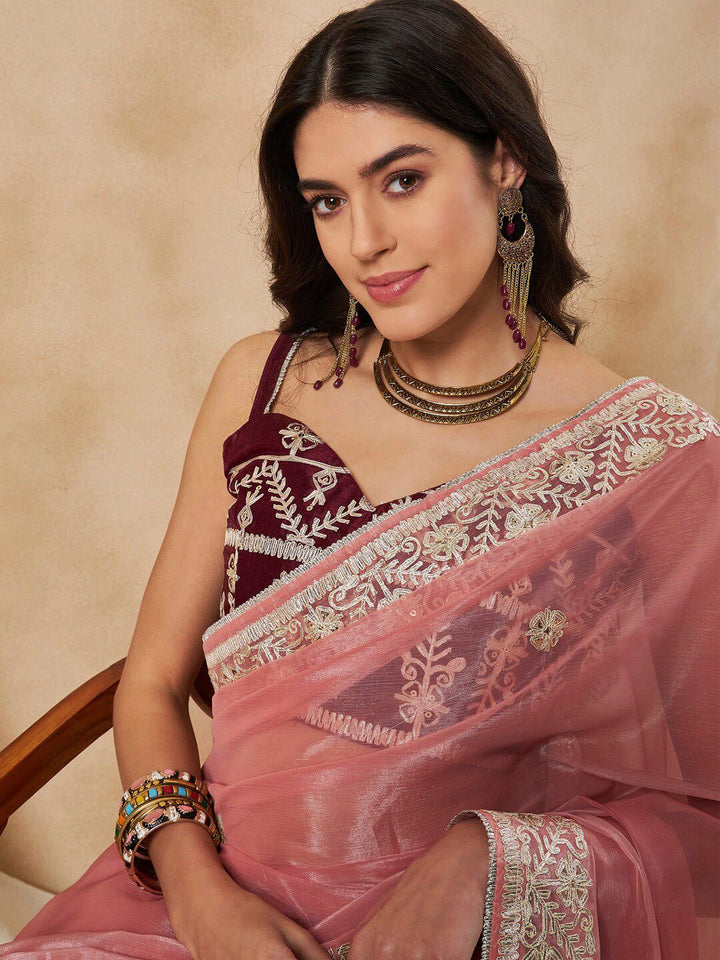 Saree mall Peach Ethnic Motifs Embellished Gotta Patti Organza Saree