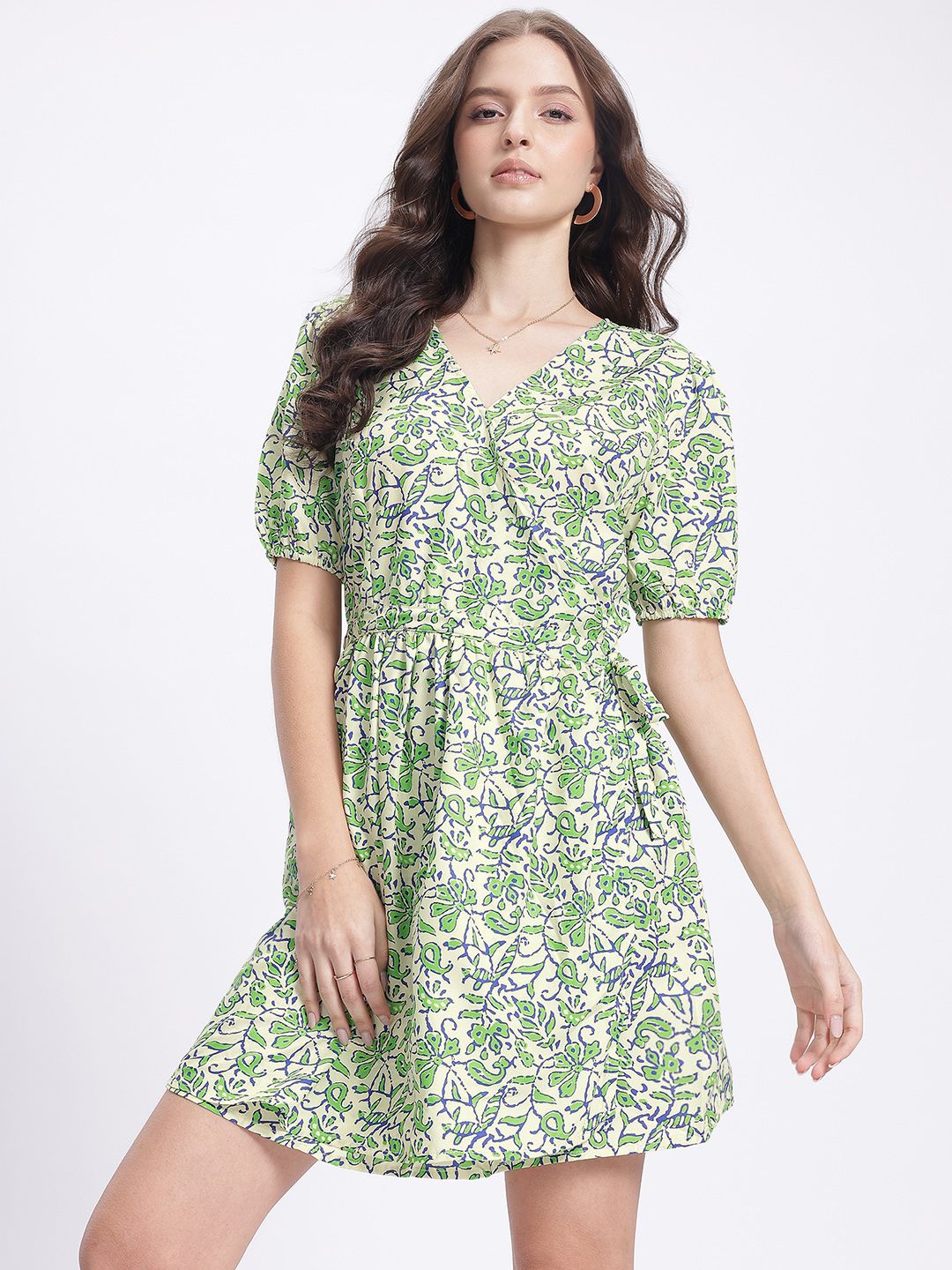 DressBerry Floral Breeze Wrap Puff Sleeve Dress