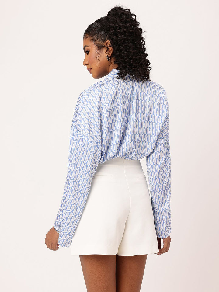 DressBerry Geometricscape Satiny Chic Tie-Up Blouson Shirt Style Crop Top