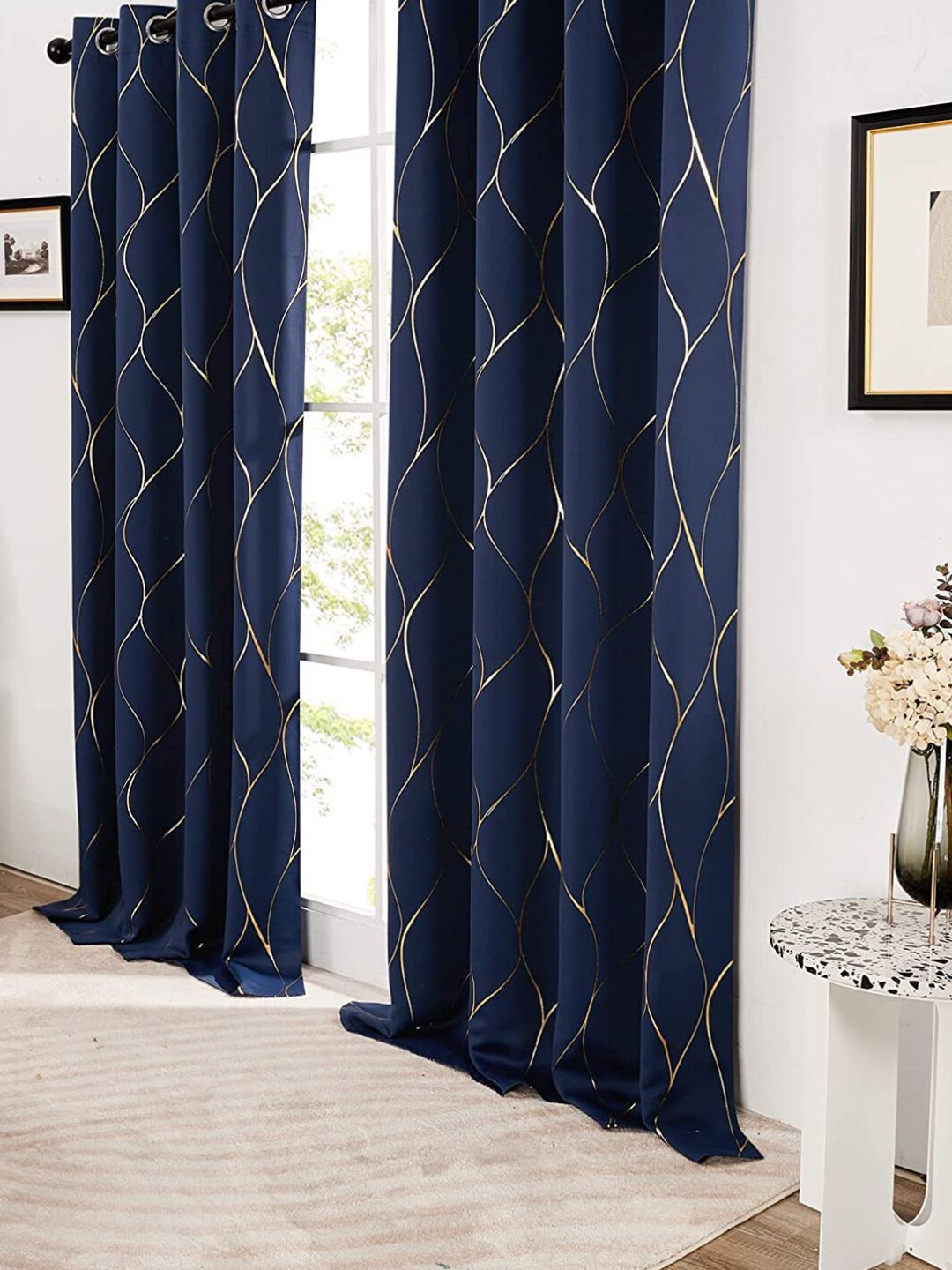 URBAN SPACE Navy Blue & Gold-Toned Printed Black Out Window Curtain